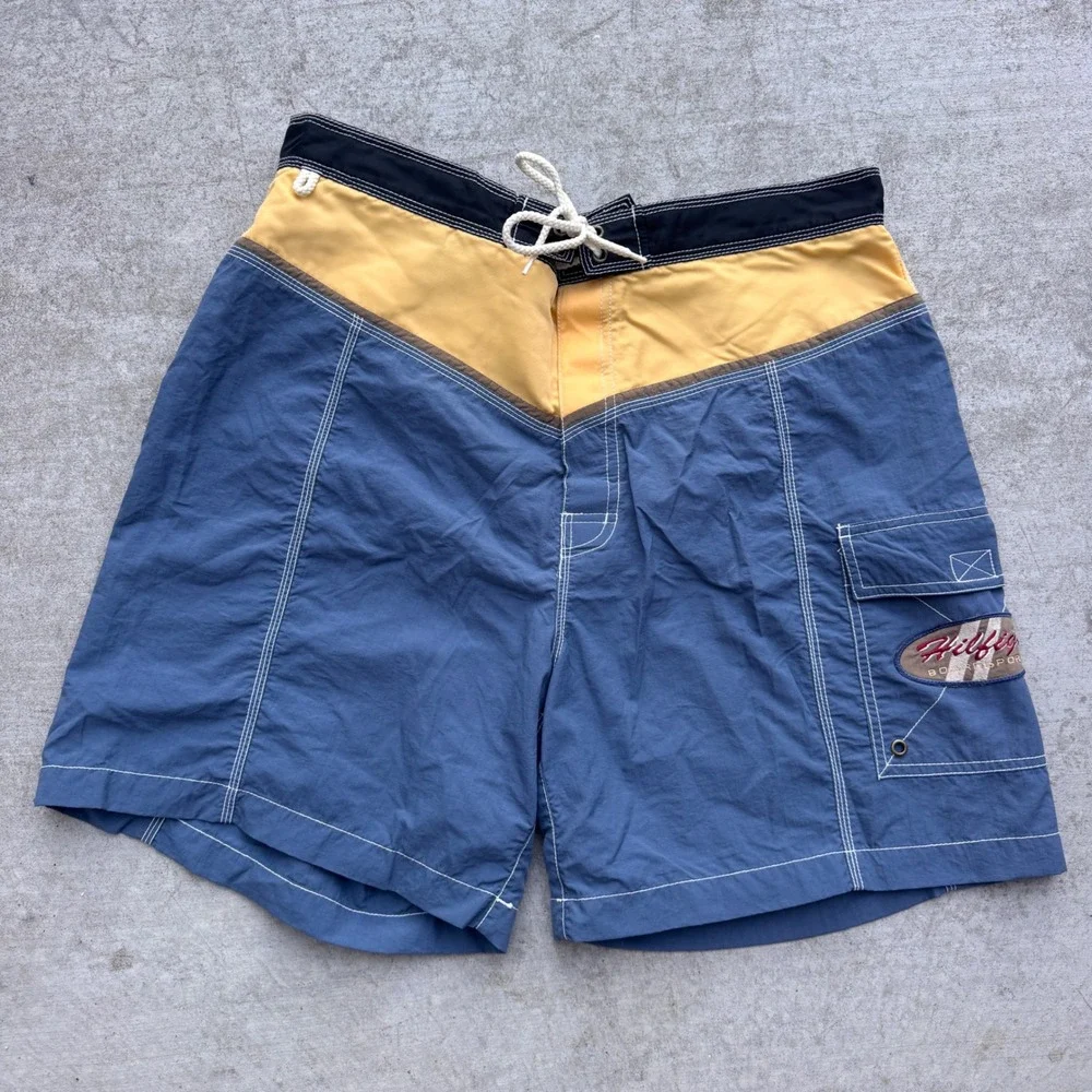 Vintage 90s Tommy Hilfiger Colorblock Board Shorts Blue Yellow Swim Trunks